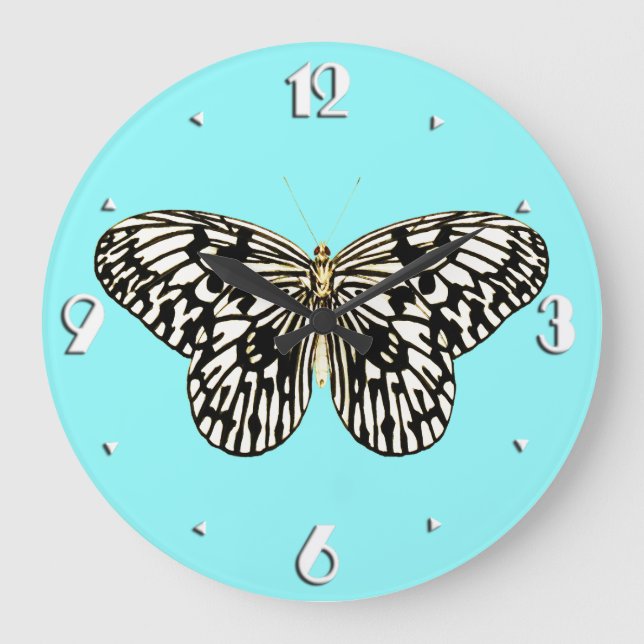Reloj Redondo Grande Mariposa negra y blanca, fondo turquesa (Anverso)