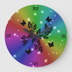 Reloj Redondo Grande mariposa negra y estrellas en el arcoiris