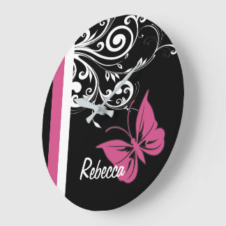 Reloj Redondo Grande Mariposa personalizada Swirls Cranberry Pink