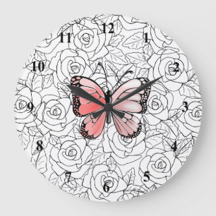 Reloj Redondo Grande Mariposa Rosa Y Arte Rosa