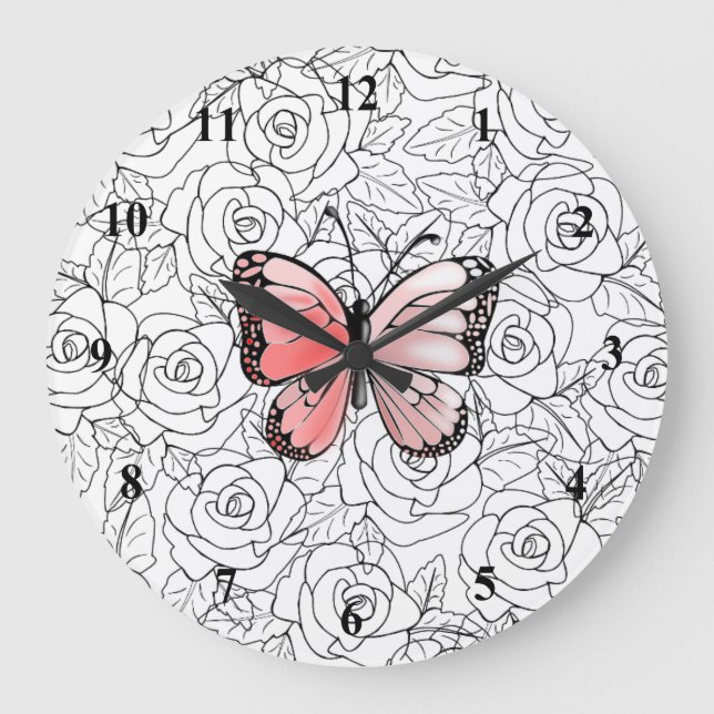 Reloj Redondo Grande Mariposa Rosa Y Arte Rosa (Anverso)