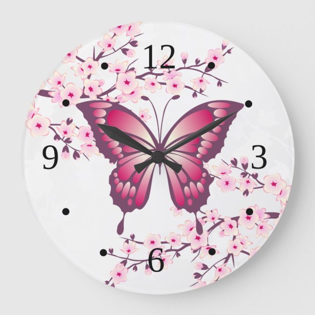 Reloj Redondo Grande Mariposa Rosa Y Flores De Cerezo (Anverso)