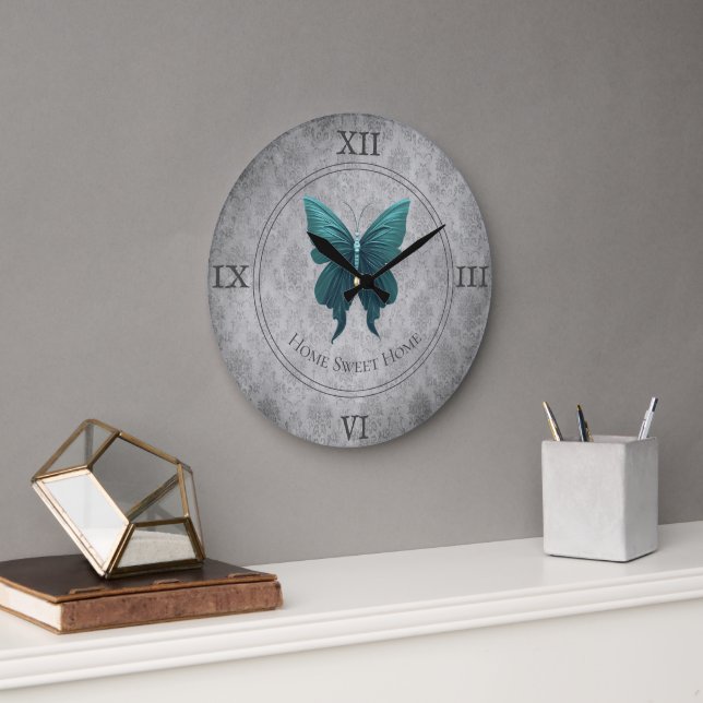 Reloj Redondo Grande Mariposa verde azulada (Oficina)