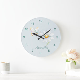 Reloj Redondo Grande Mariposa y margarita bonitas acuarelas pastel