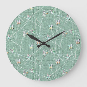 Reloj Redondo Grande Mariposas acuarela sobre verde menta