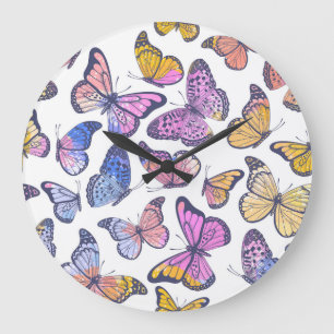 Reloj Redondo Grande Mariposas acuarelas: Patrón de cosecha Pastel.