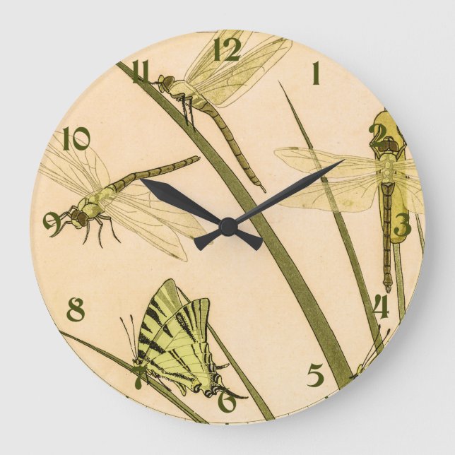 Reloj Redondo Grande Mariposas antiguas y libélulas (Anverso)