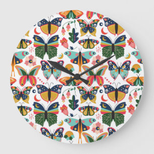Reloj Redondo Grande Mariposas Boho: Patrón de papel tapiz sin costura.