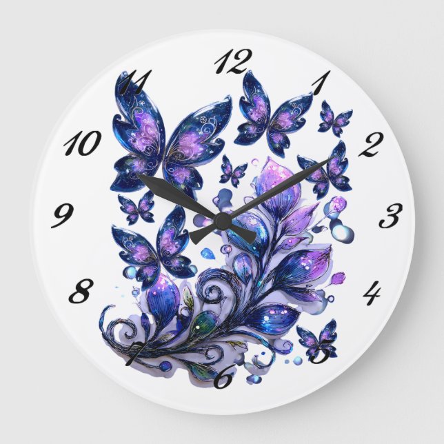 Reloj Redondo Grande Mariposas de brillo cósmico  (Anverso)