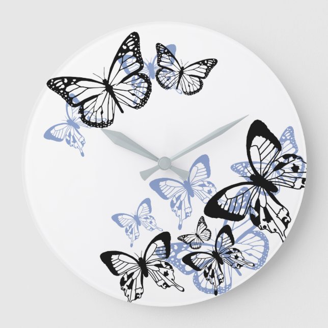 Reloj Redondo Grande Mariposas de esténcil azul-negro (Anverso)
