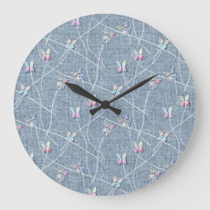 Reloj Redondo Grande Mariposas de relieve al acuarela sobre lino azul d