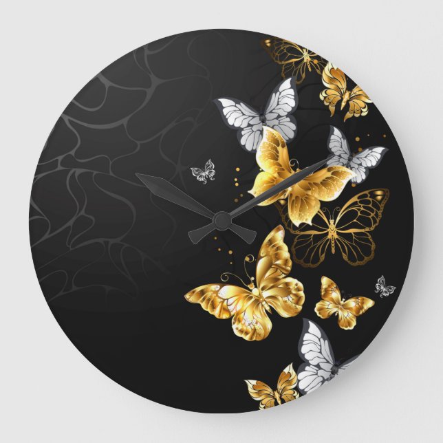 Reloj Redondo Grande Mariposas doradas y blancas (Anverso)