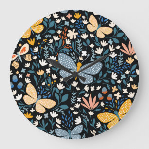 Reloj Redondo Grande Mariposas Floral: Dibujo a Mano Sin Costuras.