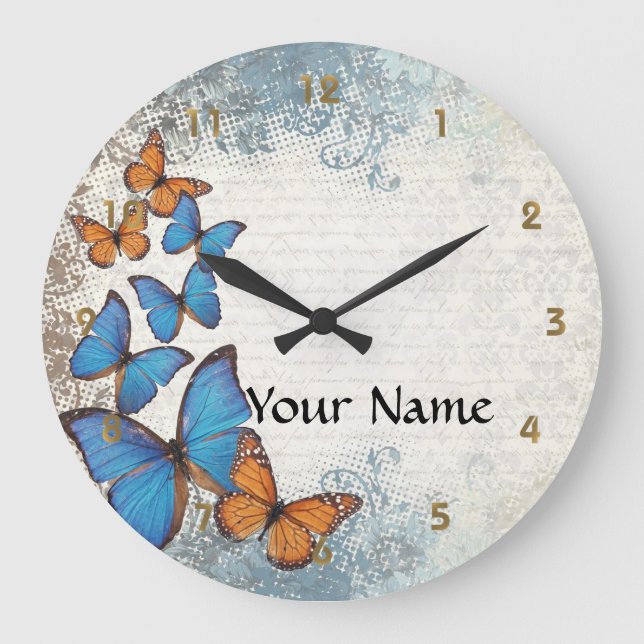 Reloj Redondo Grande Mariposas florales azules (Anverso)