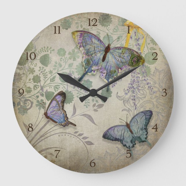 Reloj Redondo Grande Mariposas modernas del diseño floral del papel (Anverso)