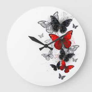 Reloj Redondo Grande Mariposas Morpho voladoras negras y rojas