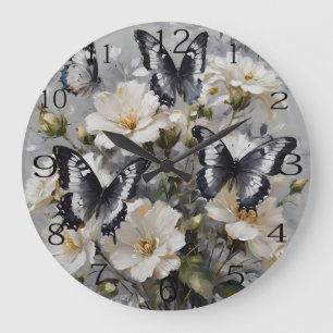 Reloj Redondo Grande Mariposas Negras Y Blancas Sobre Flores Blancas,