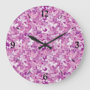Reloj Redondo Grande Mariposas, púrpura, lavanda, rosada