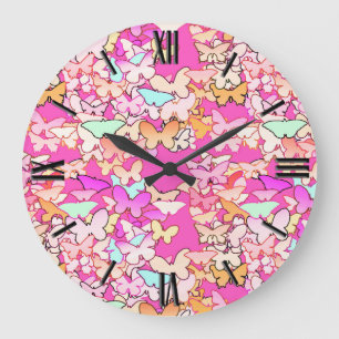 Reloj Redondo Grande Mariposas, rosadas múltiples y profundas