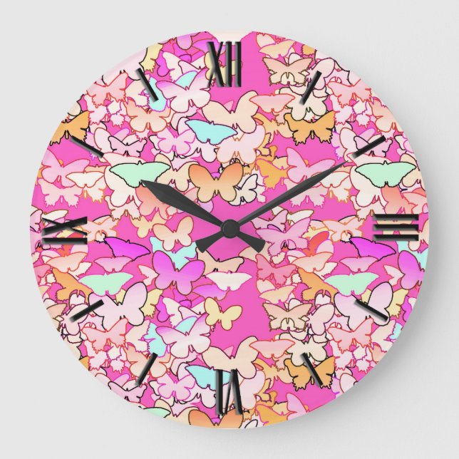 Reloj Redondo Grande Mariposas, rosadas múltiples y profundas (Anverso)