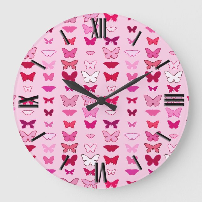 Reloj Redondo Grande Mariposas, tonos rosas y fucsia (Anverso)
