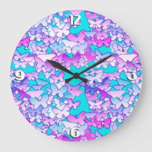 Reloj Redondo Grande Mariposas, violeta y turquesa
