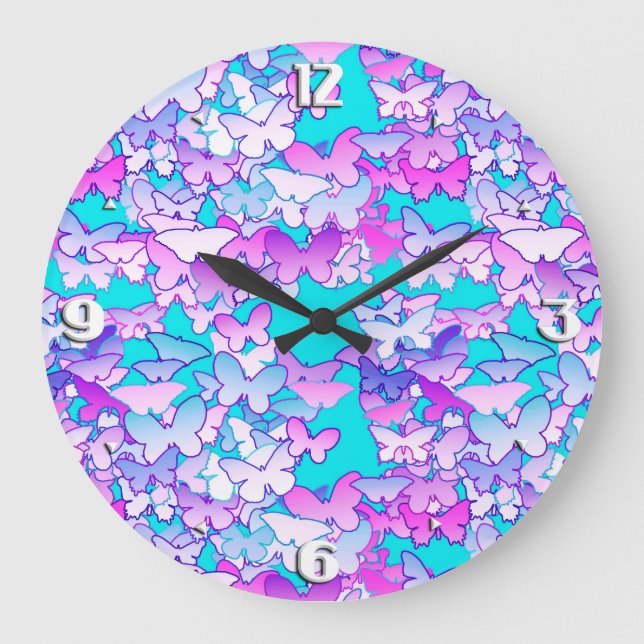 Reloj Redondo Grande Mariposas, violeta y turquesa (Anverso)
