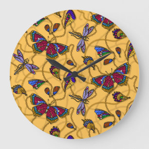 Reloj Redondo Grande Mariposas y libélulas de joyas en amarillo