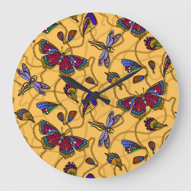 Reloj Redondo Grande Mariposas y libélulas de joyas en amarillo (Anverso)