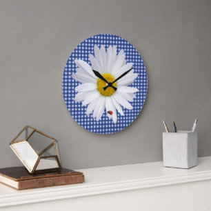 Reloj Redondo Grande Mariquita en una margarita blanca con cuadros