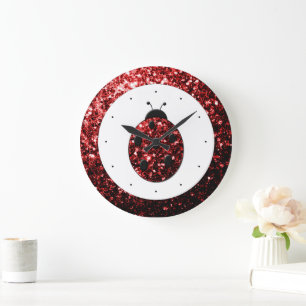 Reloj Redondo Grande Mariquita roja oscura brillo falso destellos