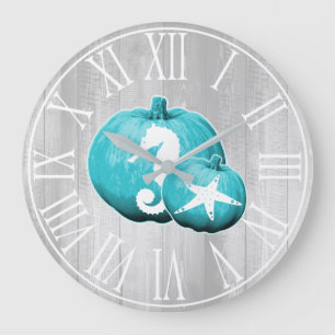 Reloj Redondo Grande Mariscal Rustic Coastal Gray Wood & Blue Pumpkins 