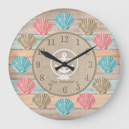 Reloj Redondo Grande Mariscos Náuticos de Madera de Playa y Anchor