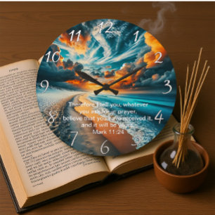 Reloj Redondo Grande Mark 11:24 Cross Sunset Ocean Faith