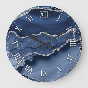 Reloj Redondo Grande Mármol Ágata Brillante Azul y Plateado Falso
