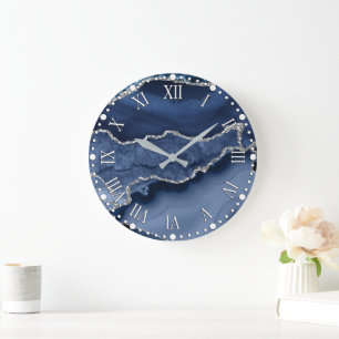 Reloj Redondo Grande Mármol Ágata Brillante Azul y Plateado Falso