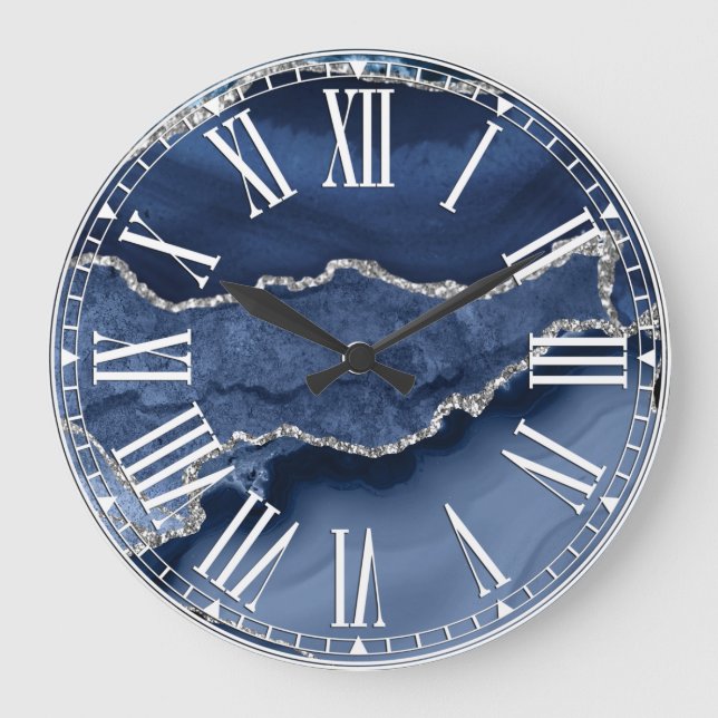 Reloj Redondo Grande Mármol Ágata Brillo Azul y Plateado Falso (Anverso)