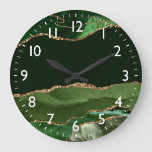 Reloj Redondo Grande Mármol Ágata Verde y Brillo Plateado Falso