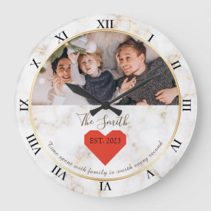 Reloj Redondo Grande Mármol Corazón Rojo Dorado Est Familia Personaliza