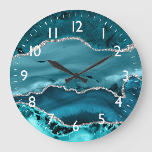 Reloj Redondo Grande Mármol de Ágata Falsa Teal y Plata
