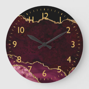 Reloj Redondo Grande Mármol de Ágata Rojo y Dorado