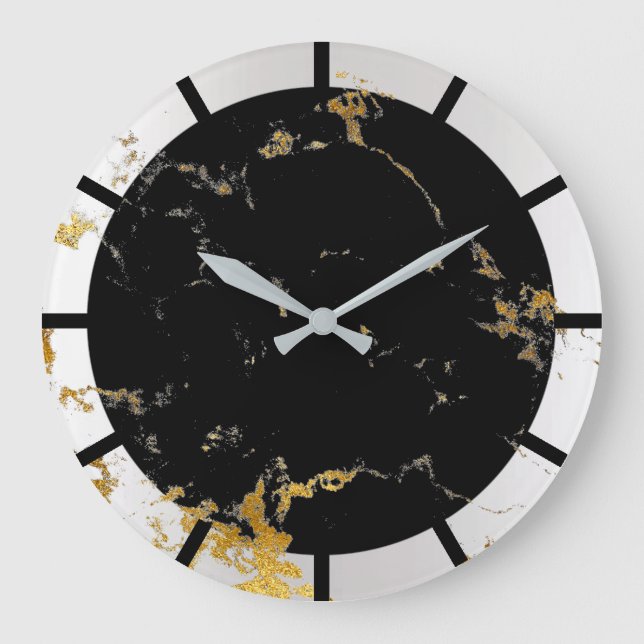 Reloj Redondo Grande Mármol de Carrara Lux Blanco Oro Piedra Negro Gris (Anverso)