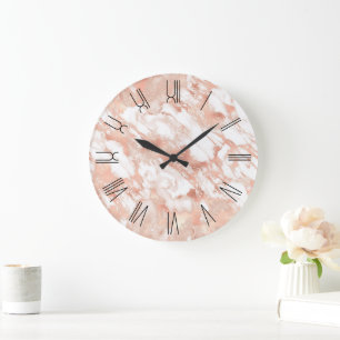 Reloj Redondo Grande Mármol Glam Rosa Dorado Números Romanos Retro