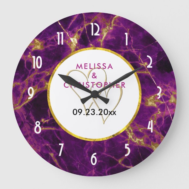 Reloj Redondo Grande Mármol morado y dorado Boda moderno (Anverso)