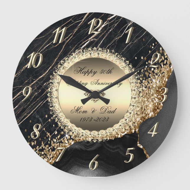 Reloj Redondo Grande Mármol Negro Diamantes 50 Aniversario Boda (Anverso)