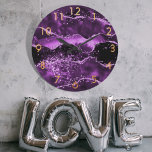 Reloj Redondo Grande Mármol rosa morado con agante de oro<br><div class="desc">Un aguate violeta y rosa profundo,  con fondo de mármol. Números dorados.</div>