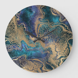 Reloj Redondo Grande Mármoles de oro azul: fondo abstracto.