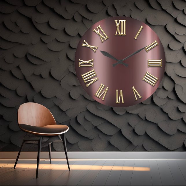 Reloj Redondo Grande Maroon de Borgoña Gold Metallic Número romano (#BurgundyBeauty #MaroonMarvel #GoldGlamour #MetallicMajesty #RomanRefinement #TimelessTradition #Con)