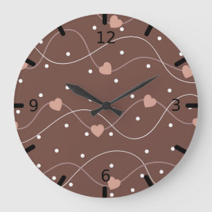 Reloj Redondo Grande Marrón chocolate con patrón de corazón rosado