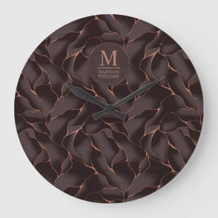 Reloj Redondo Grande Marrón Chocolate & Rosa Dorado Patrón de Onda Abst